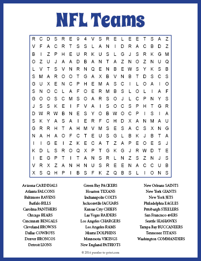 NFL Teams Word Search