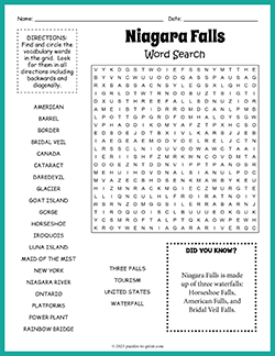 Free printable Niagara Falls Word Search puzzle worksheet