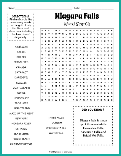 Niagara Falls Word Search