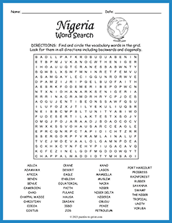 Free printable Nigeria Word Search puzzle worksheet
