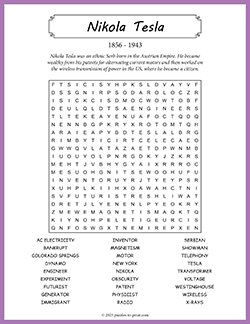 Free printable Nikola Tesla Word Search puzzle worksheet