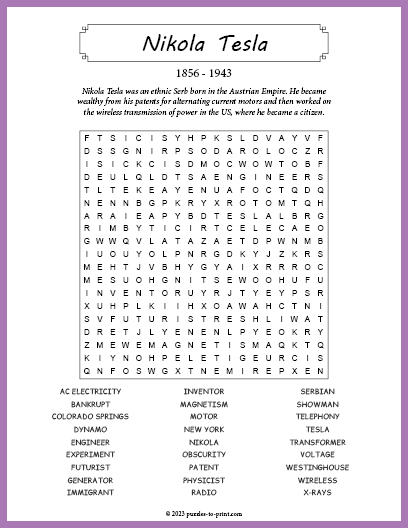 Nikola Tesla Word Search