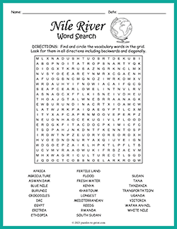 Free printable Nile River Word Search puzzle worksheet