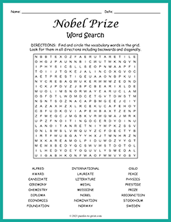 Free printable Nobel Prize Word Search puzzle worksheet