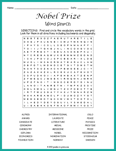 Nobel Prize Word Search