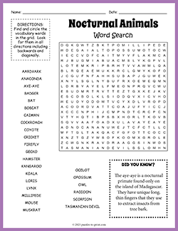 Free printable Nocturnal Animals Word Search puzzle worksheet