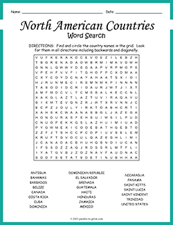 Free printable North American Countries Word Search puzzle worksheet