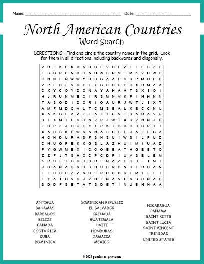 North American Countries Word Search