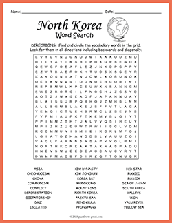 Free printable North Korea Word Search puzzle worksheet