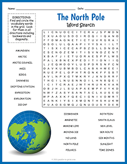 Free printable North Pole Word Search puzzle worksheet