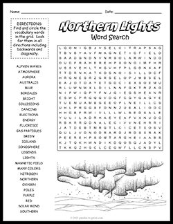 Free printable Northern Lights Word Search puzzle worksheet