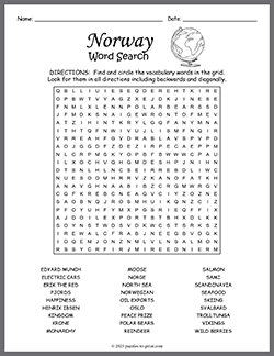 Free printable Norway Word Search puzzle worksheet