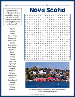 Free printable Nova Scotia Word Search puzzle worksheet