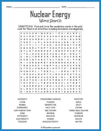 Nuclear Energy Word Search