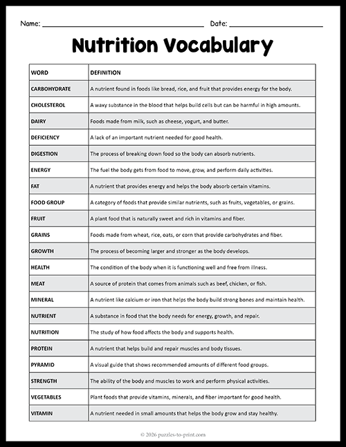 Nutrition Vocabulary - Free Printable Terms and Definitions