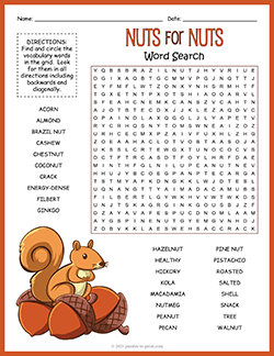 Free printable Nuts Word Search puzzle worksheet