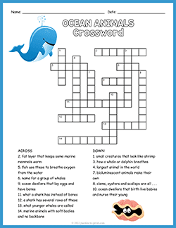 Free printable Ocean Animals Crossword puzzle worksheet