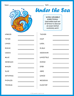 Free Printable Ocean Word Scramble Puzzle Worksheet