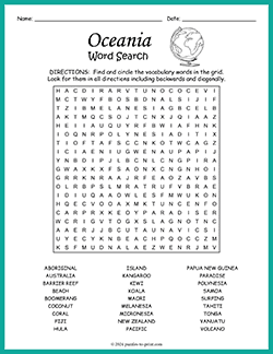 Free printable Oceania Word Search puzzle worksheet