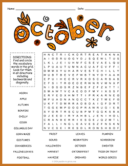 Free Printable October Word Search Puzzle Worksheet