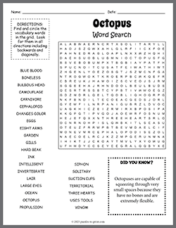 Free printable Octopus Word Search puzzle worksheet