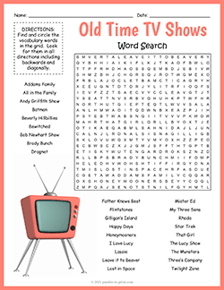 Free printable Old Time TV Shows Word Search puzzle worksheet