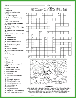 Free printable On the Farm Crossword puzzle worksheet