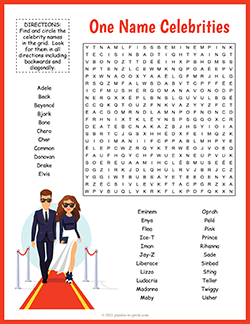 Free printable One Name Celebrities Word Search puzzle worksheet