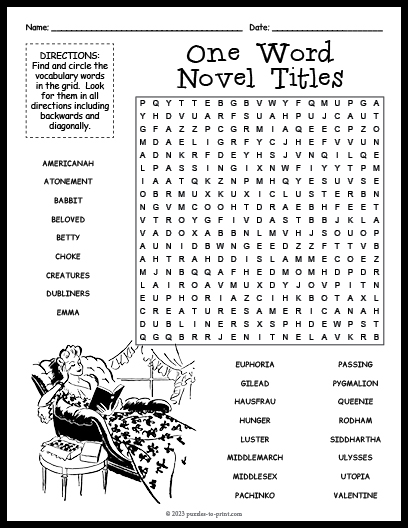 One Word Novel Titles Word Search