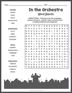 Free printable Orchestra Word Search puzzle worksheet