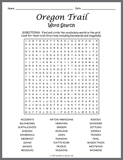 Free printable Oregon Trail Word Search puzzle worksheet