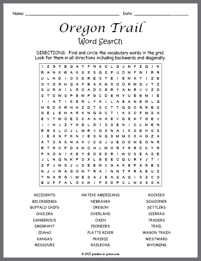 Oregon Trail Word Search