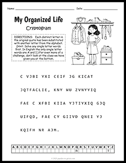 Free printable Organized Life Cryptogram puzzle worksheet