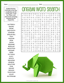 Free printable Origami Word Search puzzle worksheet