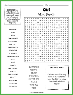 Free printable Owl Word Search puzzle worksheet