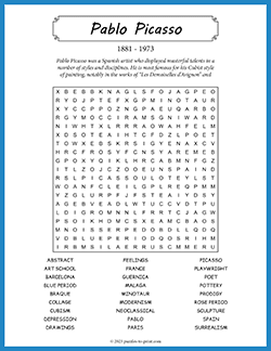 Free printable Pablo Picasso Word Search puzzle worksheet