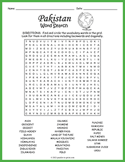 Free printable Pakistan Word Search puzzle worksheet