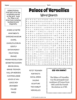 Free printable Palace of Versailles Word Search puzzle worksheet