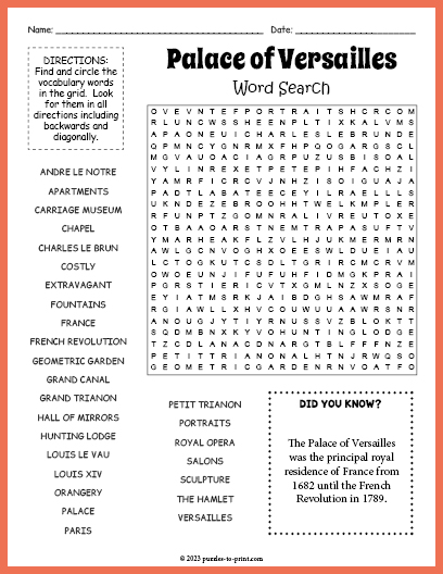 Palace of Versailles Word Search