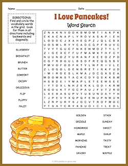 Free printable Pancake Day Word Search puzzle worksheet