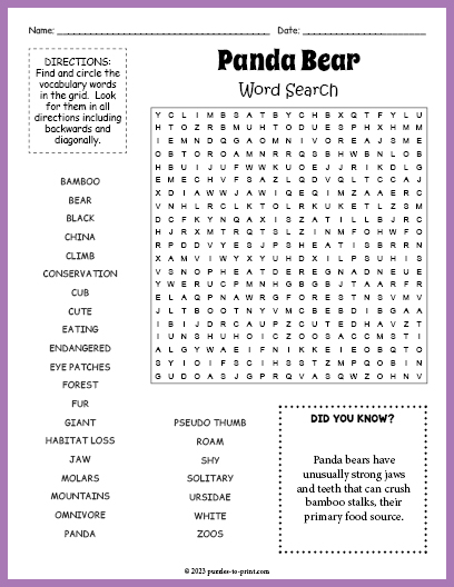 Panda Bear Word Search