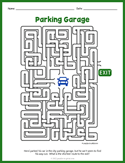 Free printable Parking Garage Maze puzzle worksheet