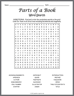 Free printable Parts of a Book Word Search puzzle worksheet
