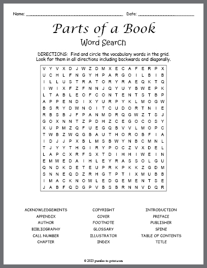 Parts of a Book Word Search