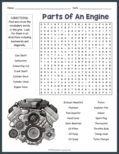 Parts Of An Engine Word Search