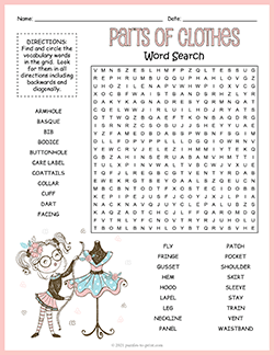 Free printable Parts of Clothes Word Search puzzle worksheet