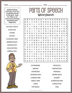 Free printable Parts of Speech Word Search puzzle worksheet