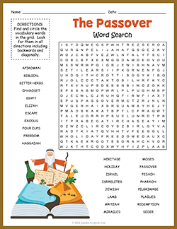 Free printable Passover Word Search puzzle worksheet