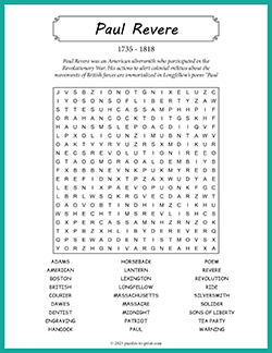 Free printable Paul Revere Word Search puzzle worksheet