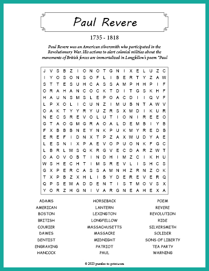 Paul Revere Word Search